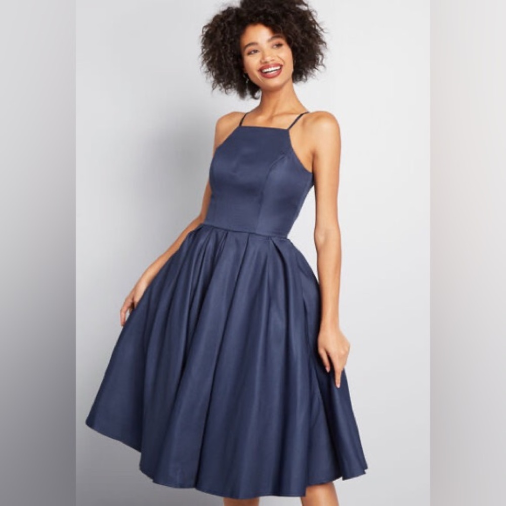 Chi Chi London Navy Blue High Neck Cami Strap Halter Flare Midi Cocktail Dress